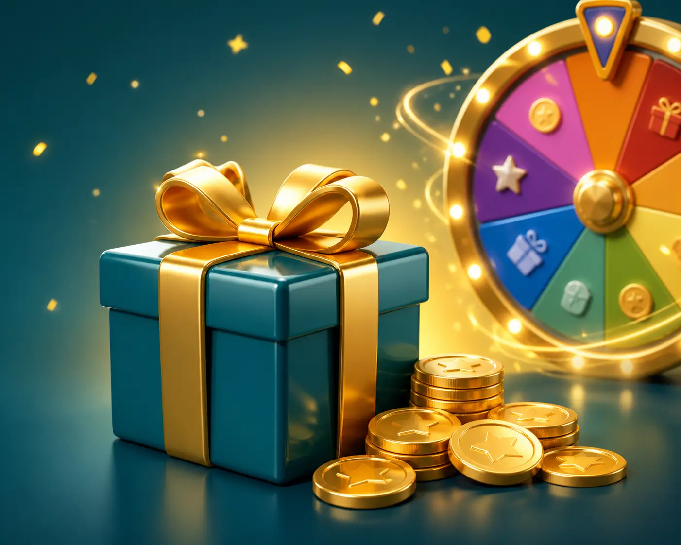 Illustration of a gift box, coins, and a spinning prize wheel representing app bonuses