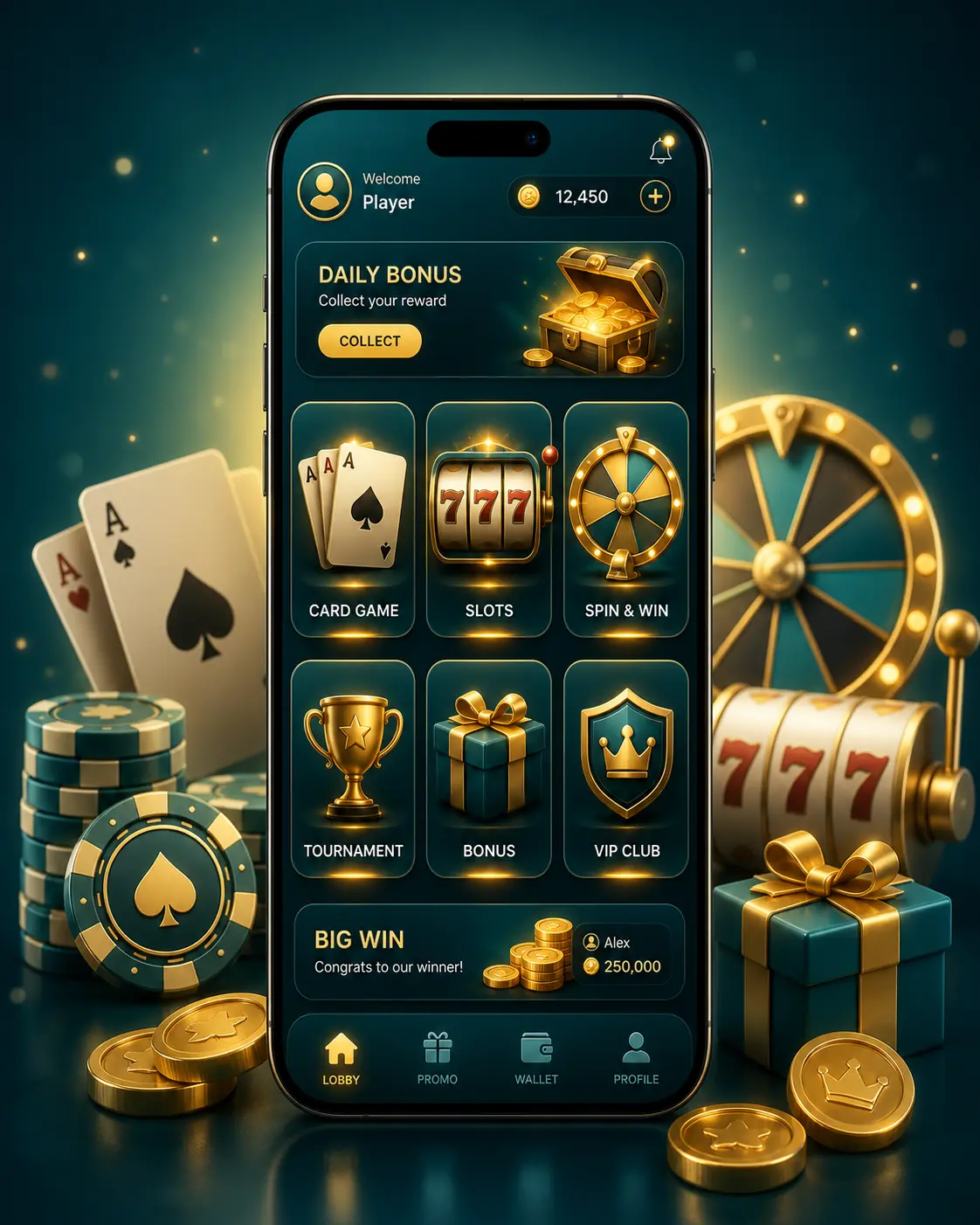 Illustration of a mobile gaming app lobby with cards, slots, and a spin wheel
