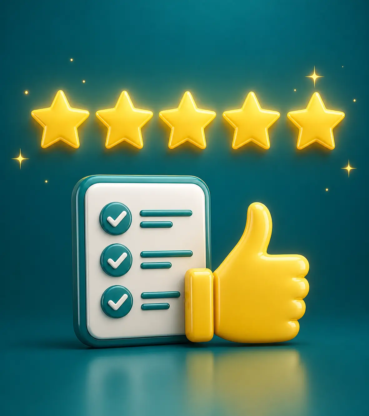 Illustration of a five-star rating with a checklist and thumbs-up icon