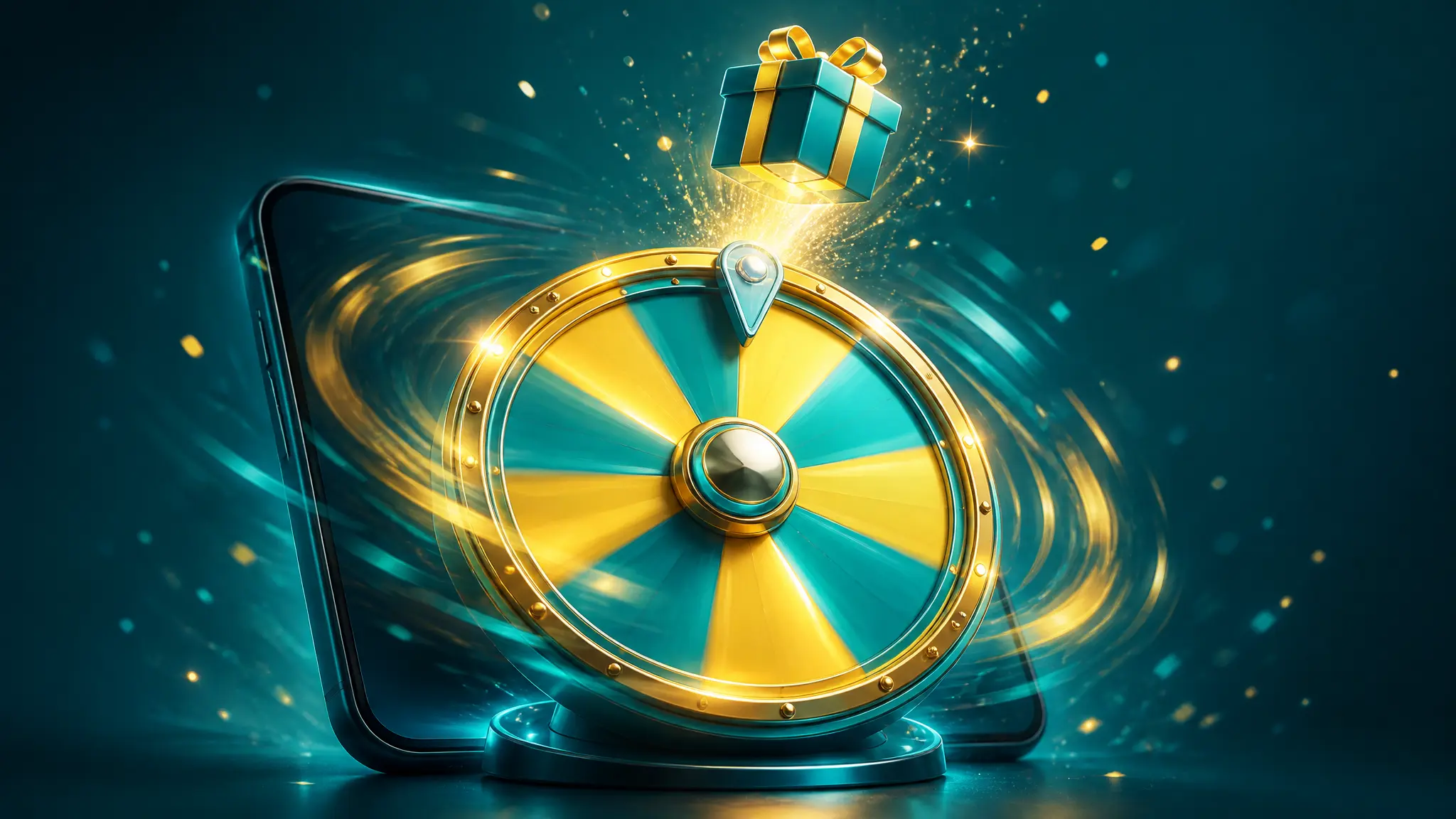 Illustration of a colorful daily prize spinning wheel with a gift icon