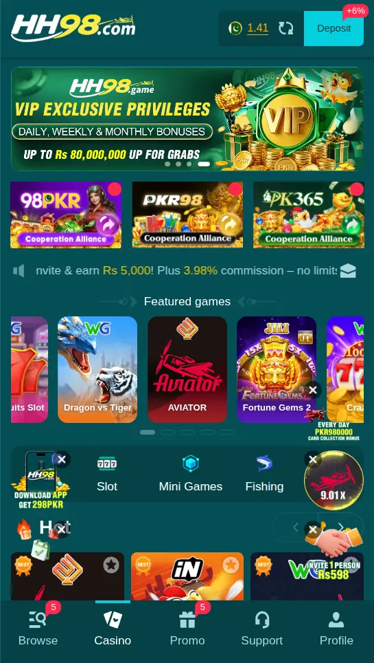 HH98 Game lobby homepage showing VIP privileges and featured games