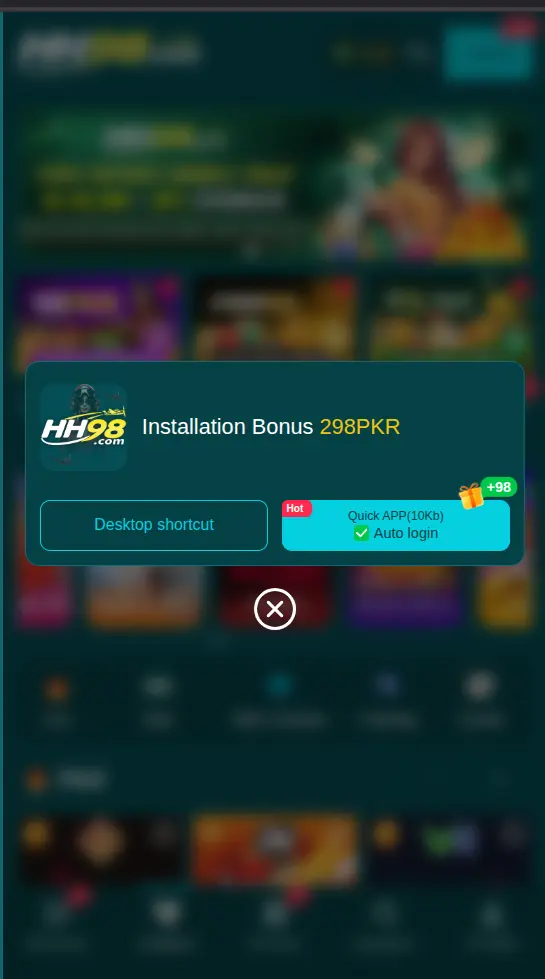 HH98 Game installation bonus popup showing 298 PKR reward with quick auto-login
