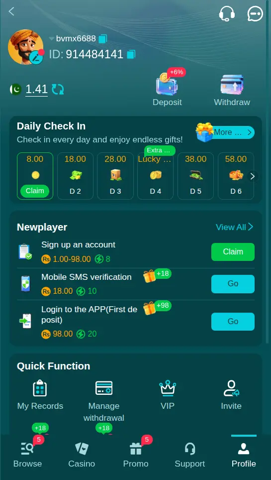 HH98 Game profile screen with daily check-in and newplayer missions