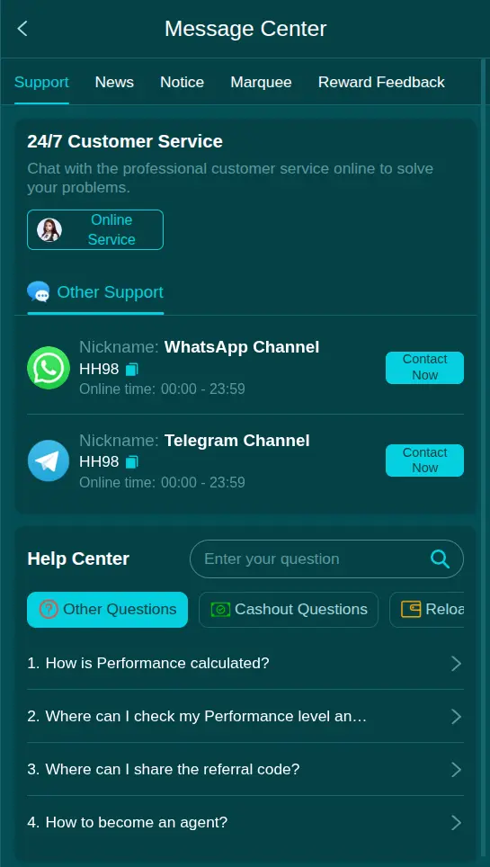 HH98 Game 24/7 customer support and help center screen